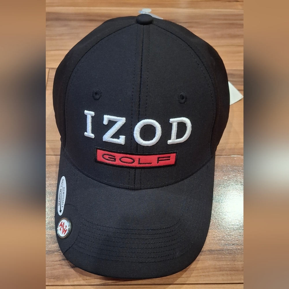 IZOD Black Golf Cap with Red and White Logo With REMOVABLE BALL MARKER
